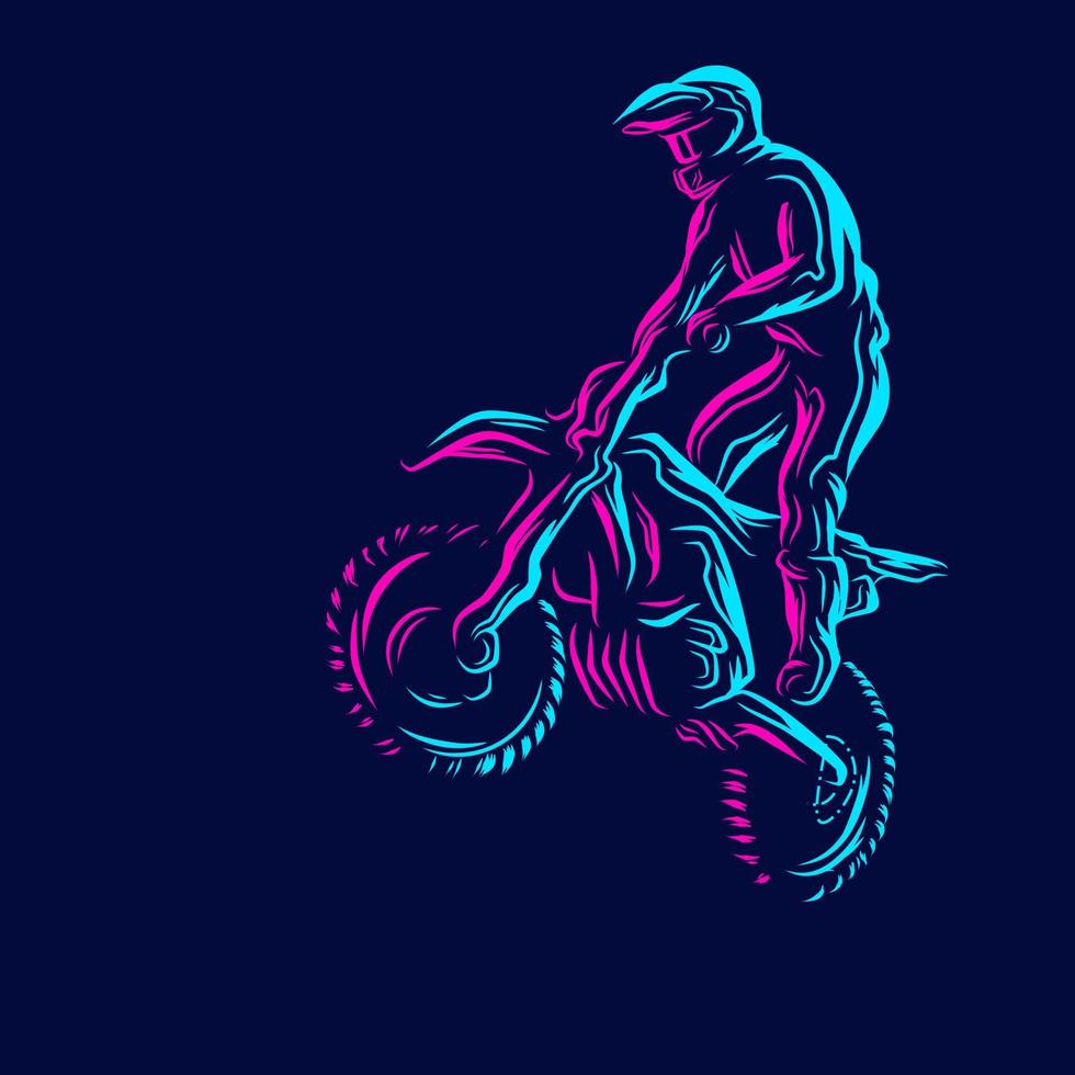 Motocross-Bike-Fahrerlinie. Pop-Art-Logo. farbenfrohes Design mit dunklem Hintergrund. abstrakte Vektorillustration. isolierter schwarzer hintergrund für t-shirt, poster, kleidung, merch, bekleidung, abzeichendesign vektor