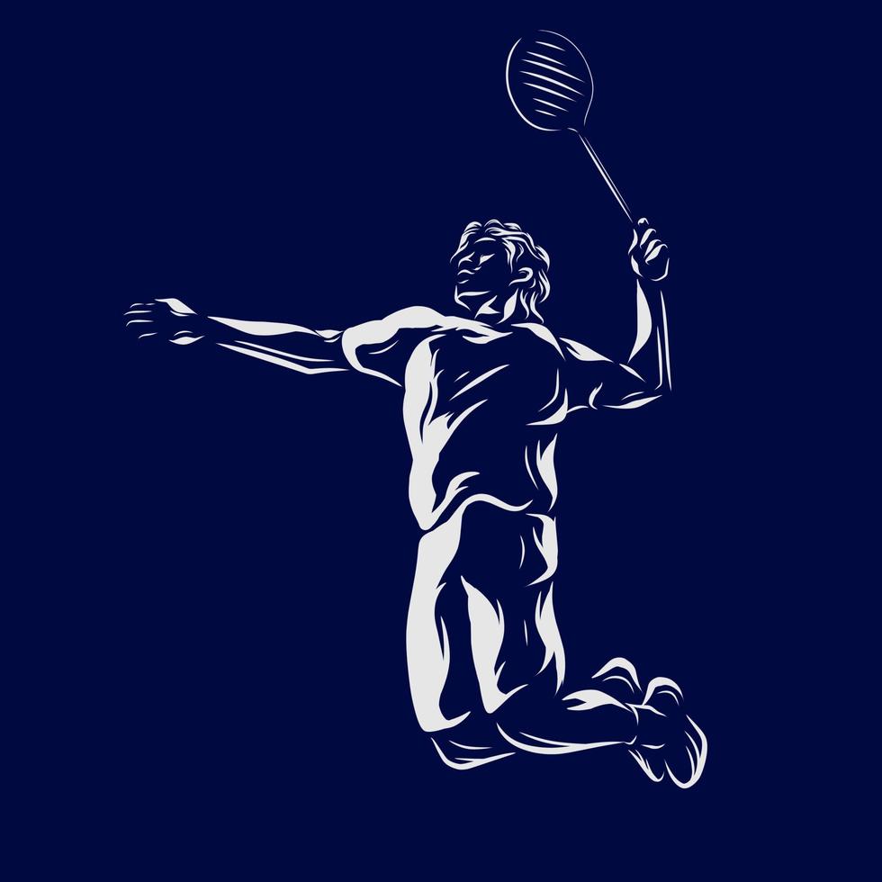 Badminton Mann Smash Shot Vektor Silhouette Linie Pop Art Potrait Logo farbenfrohes Design mit dunklem Hintergrund. abstrakte Vektorillustration. isolierter schwarzer hintergrund für t-shirt, poster, kleidung.