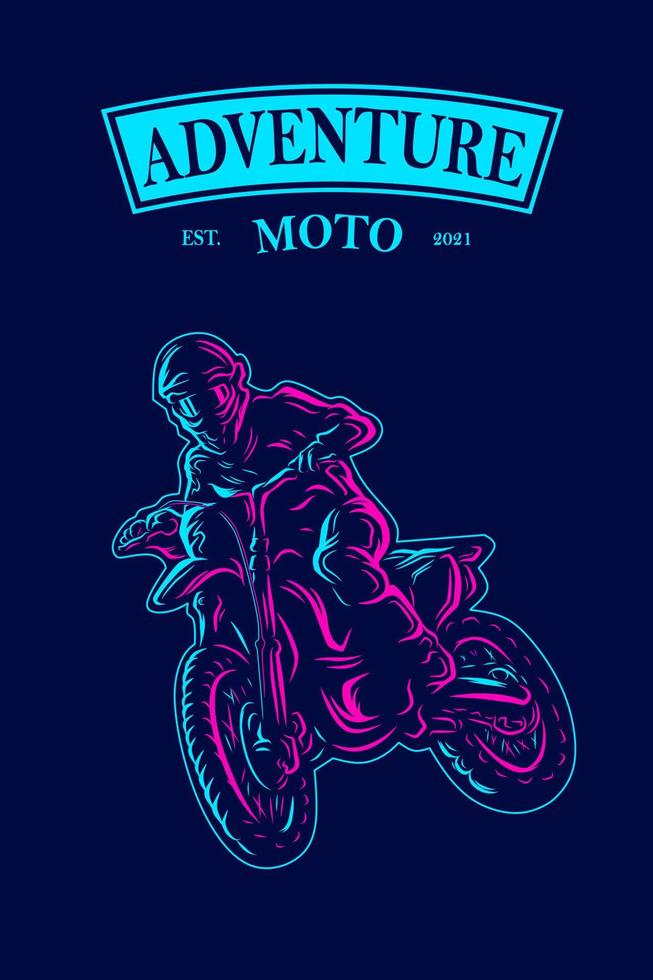 motocross cykelförare linje. popkonstlogotyp. färgglad design med mörk bakgrund. abstrakt vektorillustration. isolerad svart bakgrund för t-shirt, affisch, kläder, merch, kläder, badge design vektor