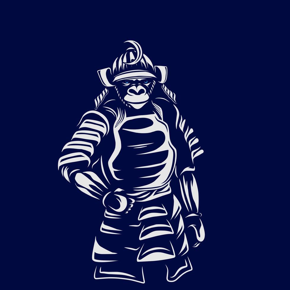 lustige flippige japanische Samurai-Affenlinie. Pop-Art-Logo. farbenfrohes Design mit dunklem Hintergrund. abstrakte Vektorillustration. isolierter schwarzer hintergrund für t-shirt, poster, kleidung, merch, bekleidung vektor