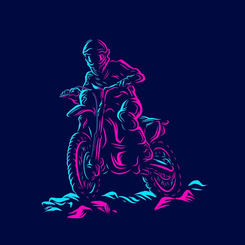 Motocross-Bike-Fahrerlinie. Pop-Art-Logo. farbenfrohes Design mit dunklem Hintergrund. abstrakte Vektorillustration. isolierter schwarzer hintergrund für t-shirt, poster, kleidung, merch, bekleidung, abzeichendesign vektor