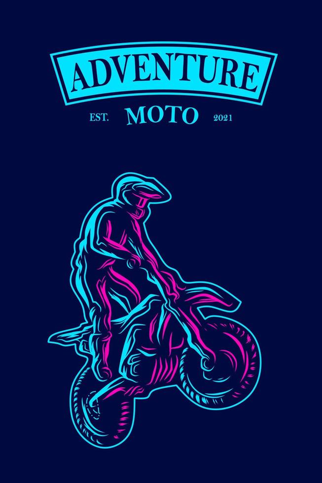 Motocross-Bike-Fahrerlinie. Pop-Art-Logo. farbenfrohes Design mit dunklem Hintergrund. abstrakte Vektorillustration. isolierter schwarzer hintergrund für t-shirt, poster, kleidung, merch, bekleidung, abzeichendesign vektor