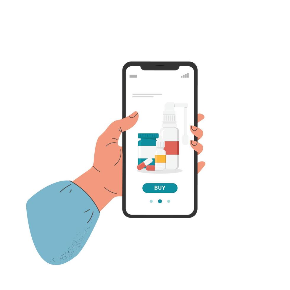 en tecknad platt mänsklig hand som håller en smartphone med en mobilapp för onlineshopping av läkemedel, onlineapotek isolerad på en vit bakgrund. vektor