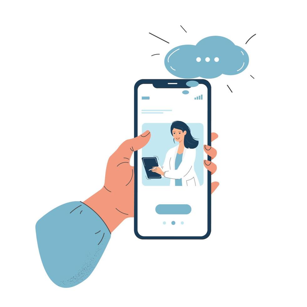en tecknad platt mänsklig hand som håller en smartphone med ett videosamtal till en kvinnlig läkare på skärmen, med hjälp av en mobilapp för råd eller rådgivning, isolerad på en vit bakgrund. vektor