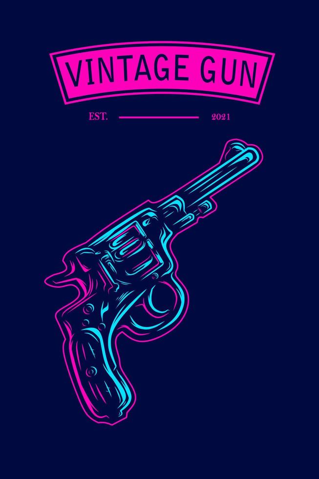 pistol revolver. vintage pistol handpistol linje. popkonstlogotyp. färgglad design med mörk bakgrund. abstrakt vektorillustration. isolerade svart bakgrund för t-shirt, affisch, kläder. vektor