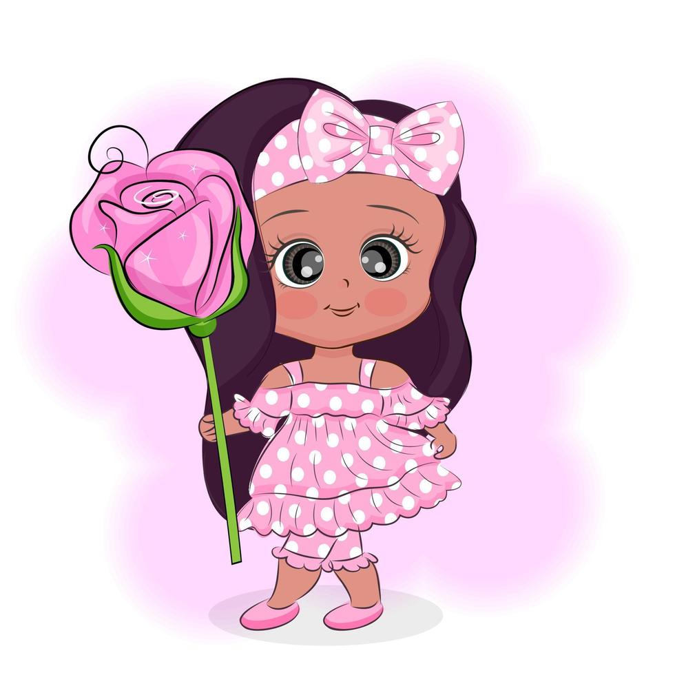 kleines Cartoon-Mädchen mit Rose, Textildruck, T-Shirt, Postkarte, Verpackung, Innenarchitektur, Vektorillustration vektor