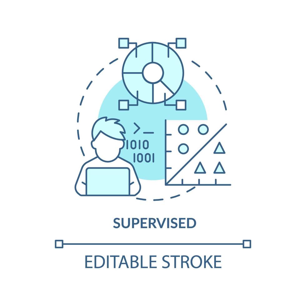 Symbol für überwachtes türkisfarbenes Konzept. beschrifteter Datensatz. Kategorie der abstrakten Idee des maschinellen Lernens, dünne Linie Illustration. isolierte Umrisszeichnung. editierbarer Strich. vektor