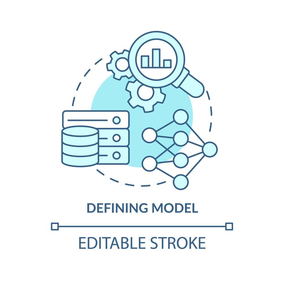 Symbol für das türkisfarbene Konzeptmodell definieren. problemlösungsschritt beim maschinellen lernen abstrakte idee dünne linienillustration. isolierte Umrisszeichnung. editierbarer Strich. vektor