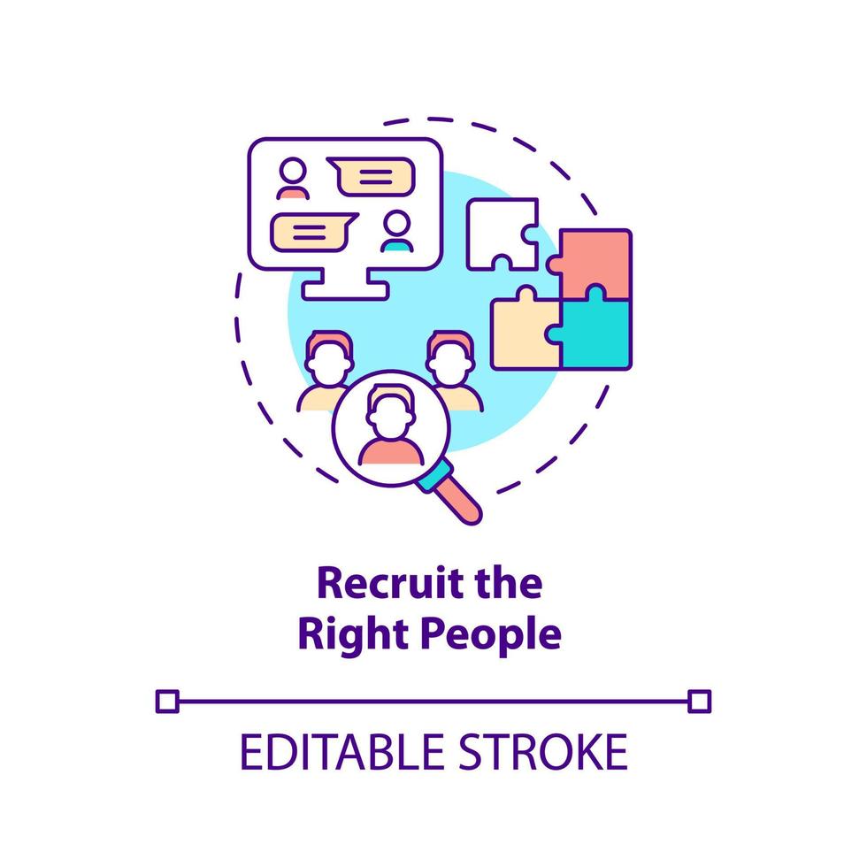 rekrytera rätt människor konceptikon. specialister som anställer. steg för att starta virtuellt kontor abstrakt idé tunn linje illustration. isolerade konturritning. redigerbar linje. vektor