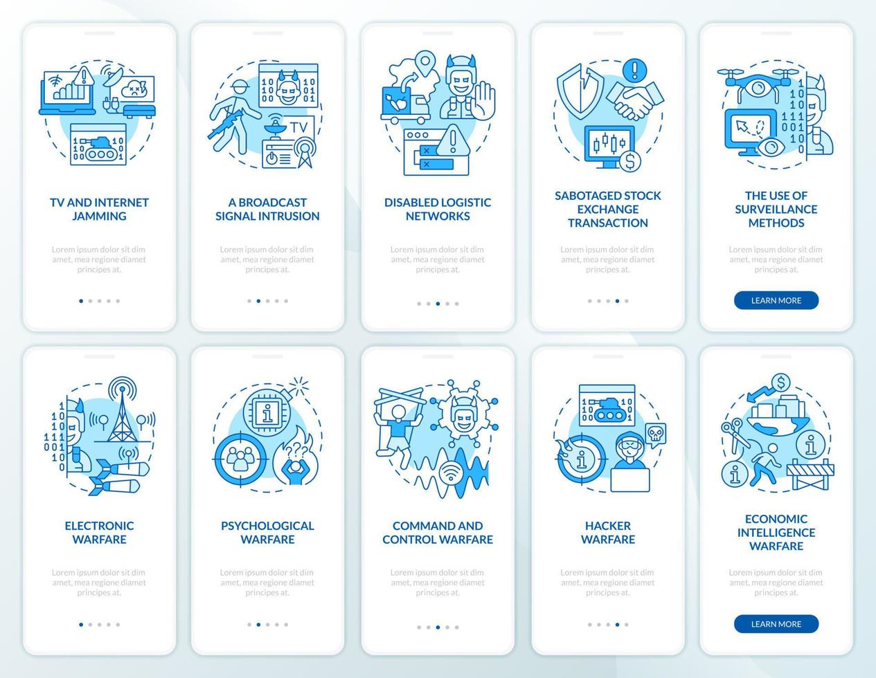 information warfare blue onboarding mobiler app-bildschirmsatz. Komplettlösung 5 Schritte grafische Anleitungsseiten mit linearen Konzepten. ui, ux, gui-Vorlage. vektor