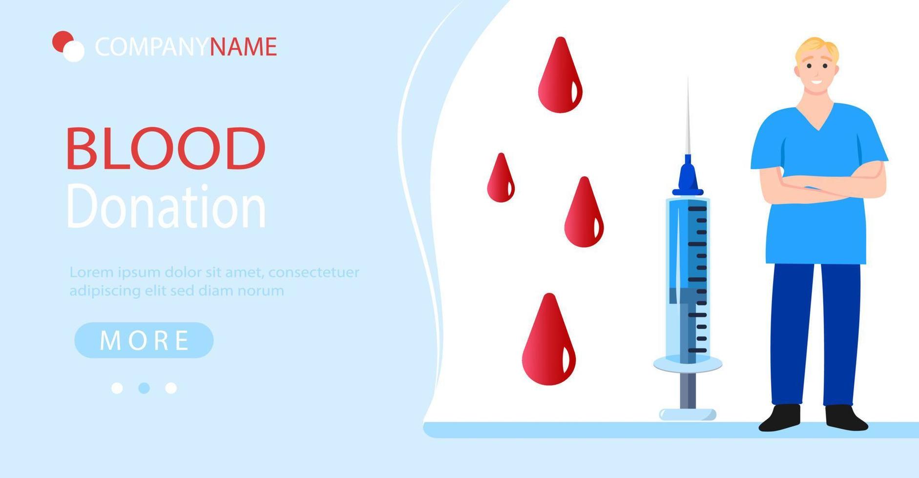 Website-Vorlage für Blutspenden. Vektor farbenfrohes medizinisches Konzept für wohltätige Zwecke. flache zielseite der karikatur.
