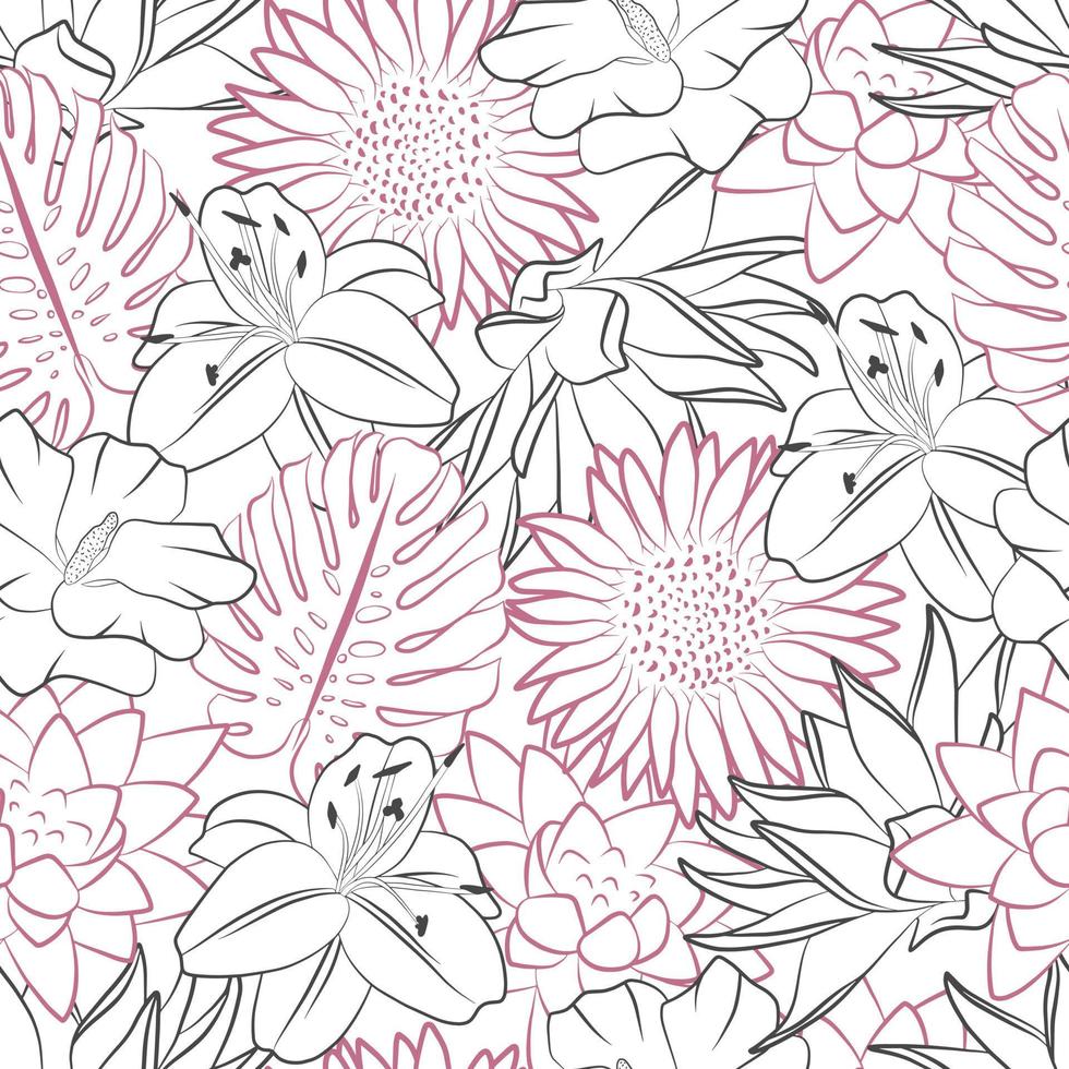 Umriss nahtlose Blümchenmuster. Strichzeichnung Stoffdruckvorlage. einfacher Vektor handgezeichneter Blumensatz. Sonnenblume, Monsterblatt, Lilie, Lotusblätter. abstraktes Doodle-Design.