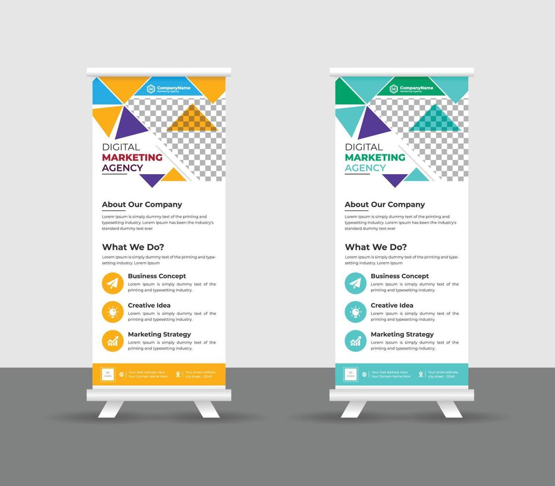 Business-Roll-Up-Banner-Stand-Template-Design, moderne tragbare Ständer Corporate-Roll-Up-Banner-Layout, Pull-Up, Vektorillustration, Business-Flyer, Broschüre, Firmenbanner vektor