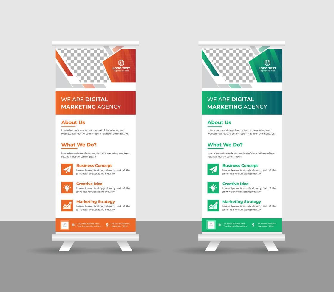 Business-Roll-Up-Banner-Stand-Template-Design, moderne tragbare Ständer Corporate-Roll-Up-Banner-Layout, Pull-Up, Vektorillustration, Business-Flyer, Broschüre, Firmenbanner vektor