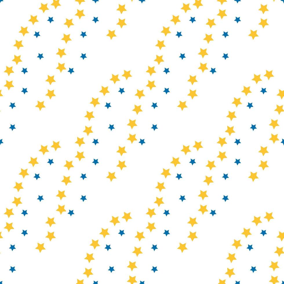 Nahtloses Muster in einfachen blauen und gelben Sternen auf weißem Hintergrund für Stoff, Textil, Kleidung, Tischdecke und andere Dinge. Vektorbild. vektor