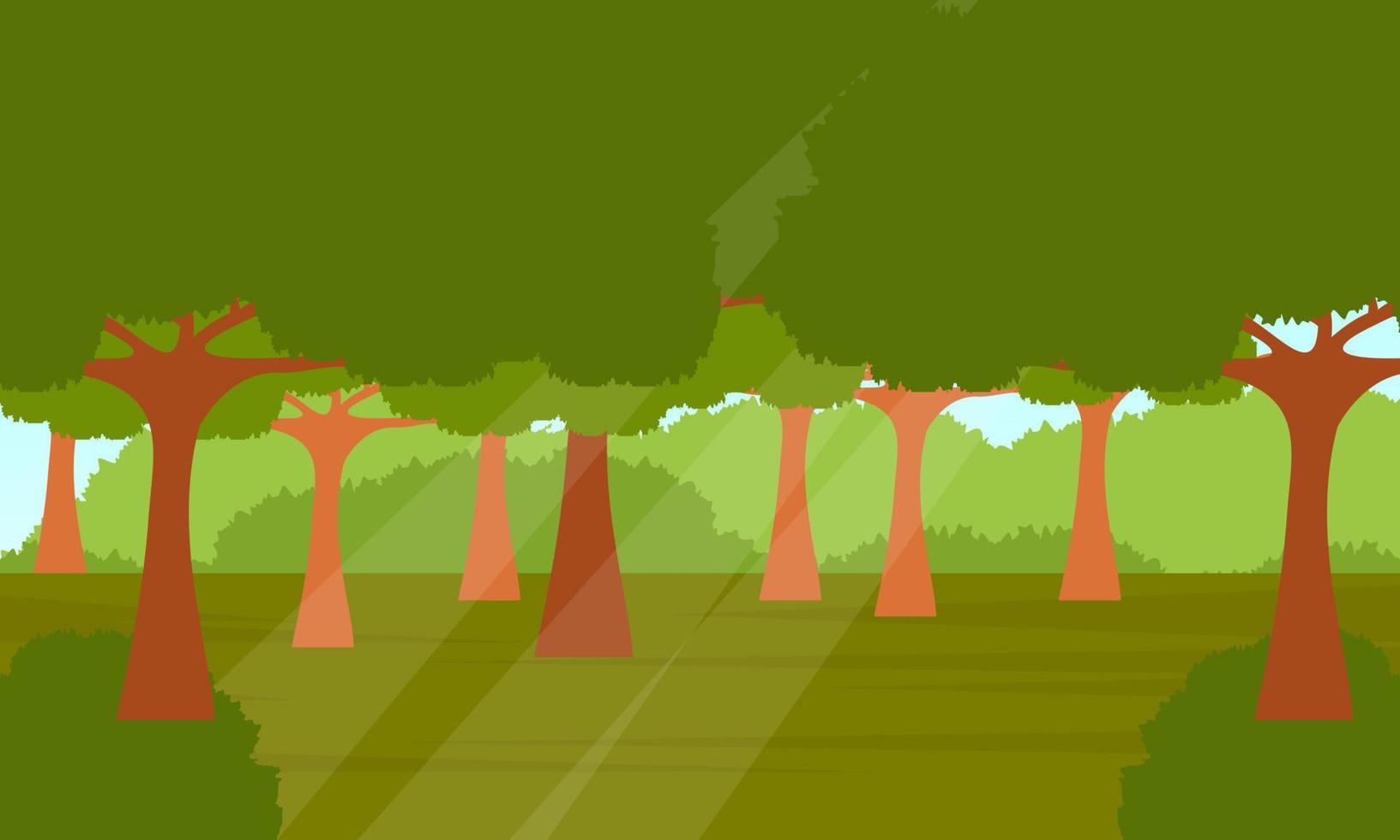 djungellandskap. panorama med tropiska växter, lianer och trädstam med fallande solljus på grönt gräs på marken vektor