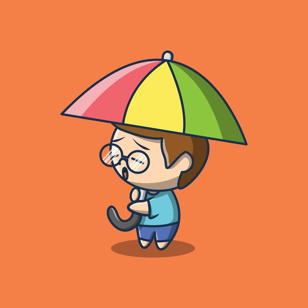 süße illustration eines traurigen kleinen jungen, der einen regenschirm trägt vektor