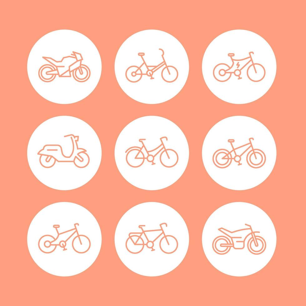 Fahrräder Linie Symbole gesetzt, Fahrradsymbol, Fahrrad, Radfahren, Motorrad, Motorrad, fettes Fahrrad, Roller, Elektrofahrrad, Vektorillustration vektor