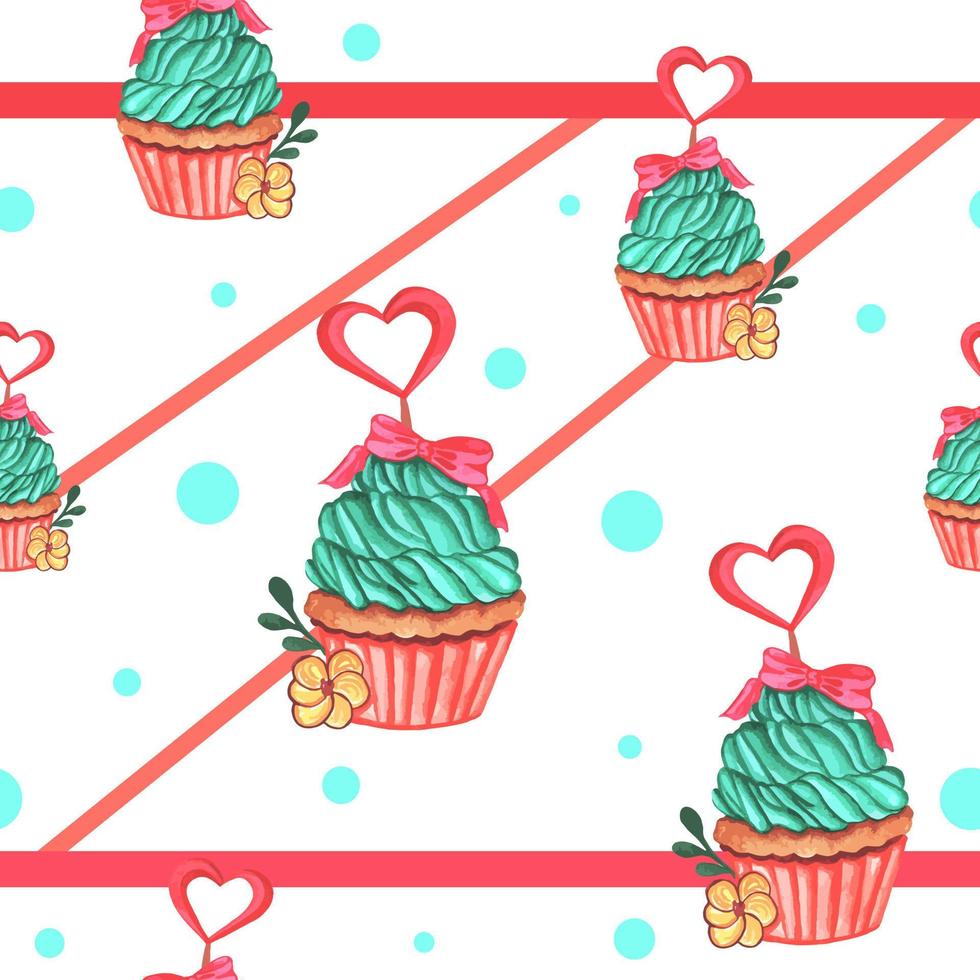 akvarell sömlösa mönster av söt muffins, cupcake med grön vispad grädde och hjärtformad karamell på bakgrund av röda ränder. söt modemall för tyg, häfte, servetter. vektor