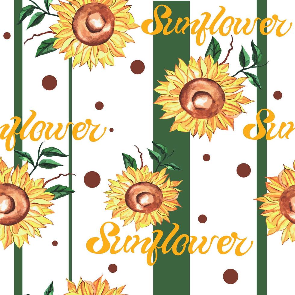 helles sommerliches aquarell nahtloses muster von sonnenblumenblumen mit blättern auf gestreiftem hintergrund mit kreisen. trendige modevorlage für stoff, aufzählungszeichen, verpackung, broschüre, servietten. Vektor