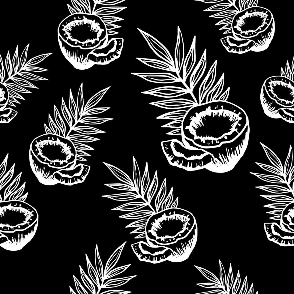 Nahtloses Muster aus Kokosnusshälften mit Fruchtfleisch, Stücken und Palmblättern im Doodle-Stil. weiße Linie auf schwarzem Hintergrund. Vektor