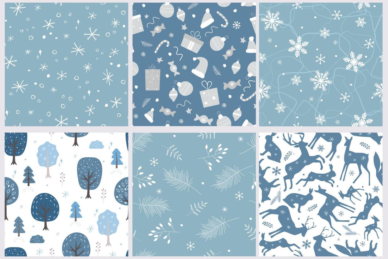 en uppsättning sömlösa mönster med en vinter julprydnad. snöig skog, silhuetter av djur, presenter, snöflingor, godis. vektorgrafik. vektor