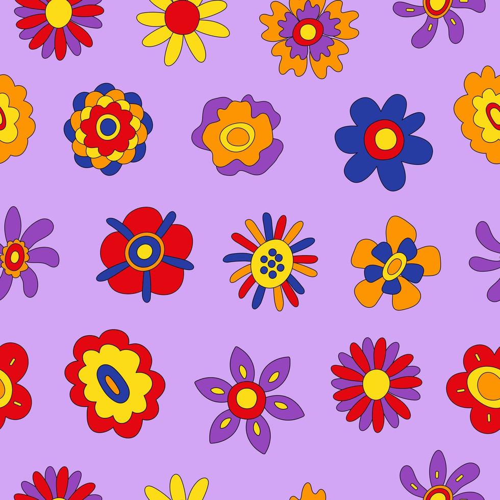 Retro-nahtloses Muster aus bunten Hippie-Blumen auf violettem Hintergrund. vintage festliches grooviges botanisches design. trendige vektorillustration im stil der 70er und 80er jahre. vektor