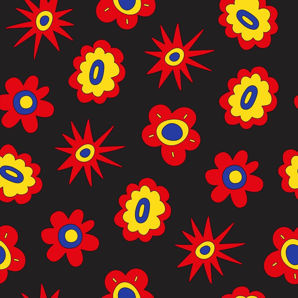 Retro-nahtloses Muster aus bunten Hippie-Blumen auf schwarzem Hintergrund. vintage festliches grooviges botanisches design. trendige vektorillustration im stil der 70er und 80er jahre vektor