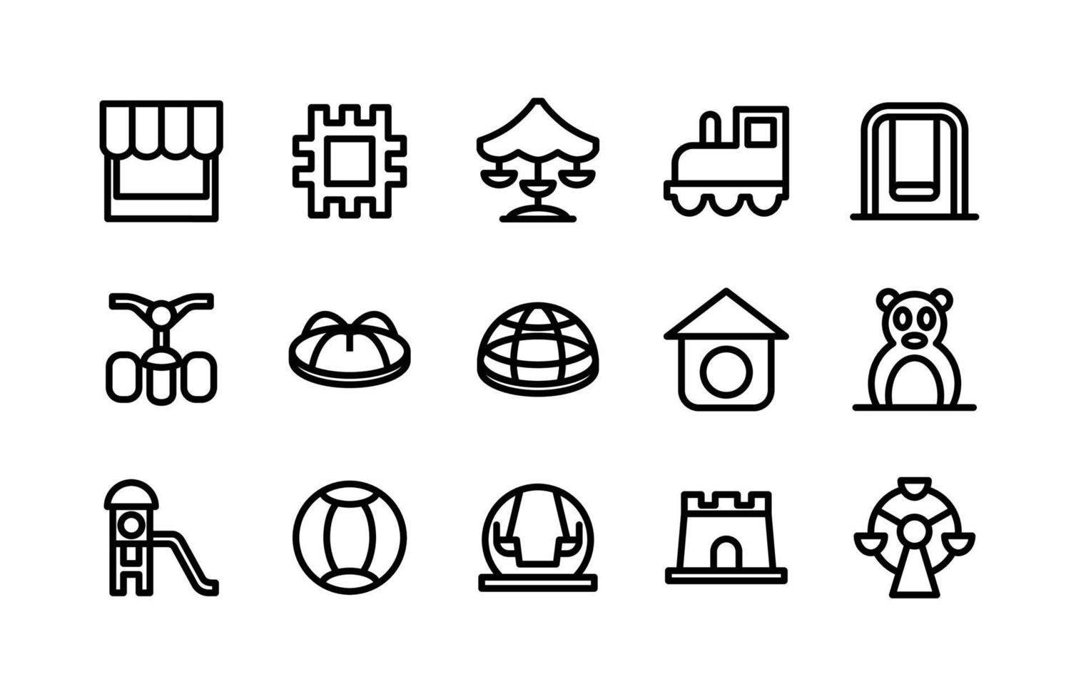 Symbole für Spielplatzlinien, darunter Shop, Puzzle, Karussell, Zug, Schaukel, Fahrrad, Karussell, Kuppel, Vogelhaus, Tor, Rutsche, Ball, Schaukel, Schloss, Karussell vektor