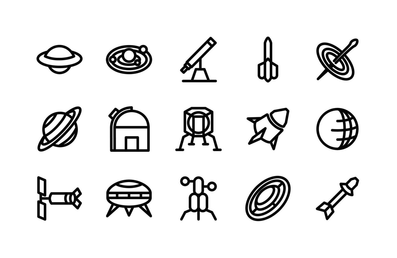 Symbole für Weltraumlinien, einschließlich UFO, Sonnensystem, Teleskop, Rakete, Schwarzes Loch, Saturn, Observatorium, Mondlander, Raumfahrzeug, Erde, Teleskop, UFO, Mondlander, Scheibe, Rakete vektor