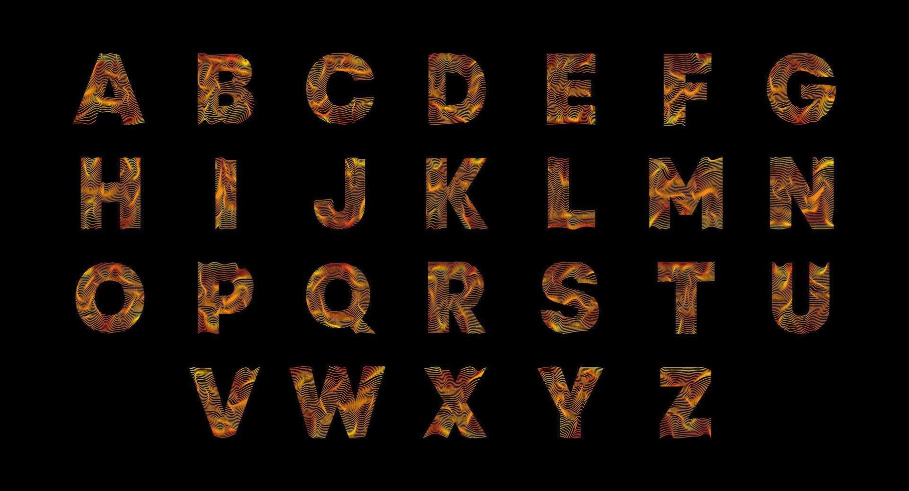 alfabetet vågiga linjer set. bokstäver med rörelsevåg. alfabetets logotyp med färgglada vridna linjer. kreativ vektorillustration med zebra, hav, tryck och vågiga mönsterlinjer. vektor