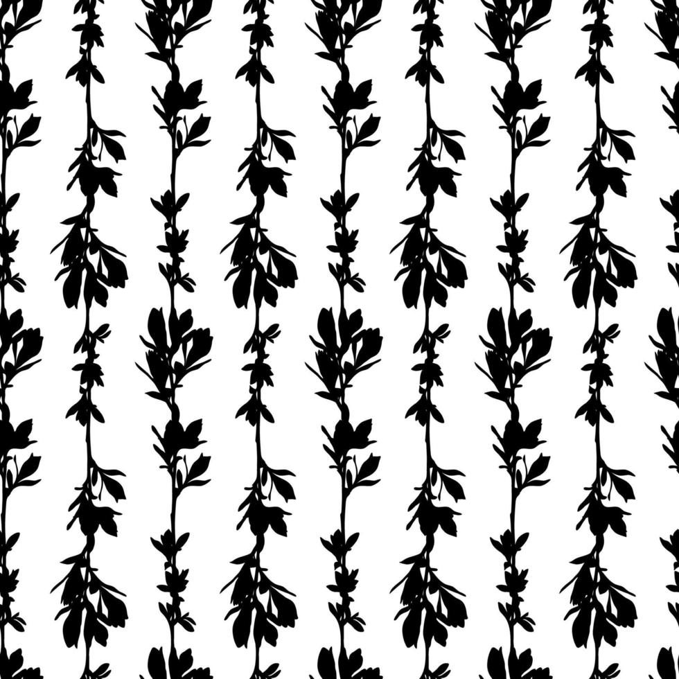 einfarbiges, süßes, nahtloses Muster mit Zweigen. Schwarz-Weiß-Blätter-Hintergrund. Vektor-Illustration. vektor