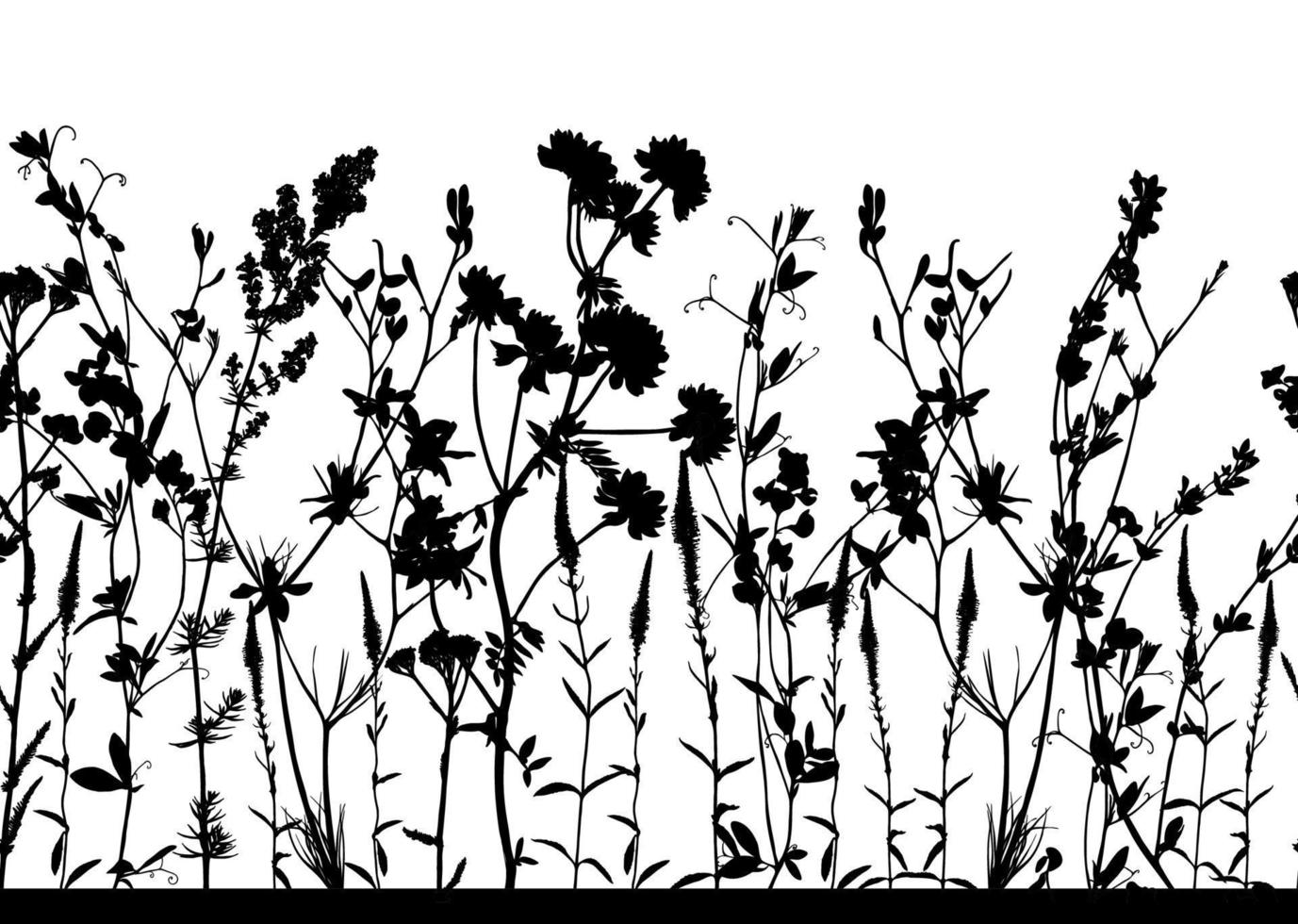 nahtloses horizontales Blumenmuster getrennt auf Weiß. Schwarz-Weiß-Hintergrund mit Blumen-Silhouetten. gestaltungselement für stoff, textilien, tapeten usw. vektorillustration. vektor