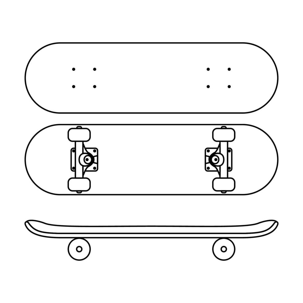 skateboardikonen i linjekonststil isolerad på vit bakgrund. ovanifrån och från sidan. vektor illustration.