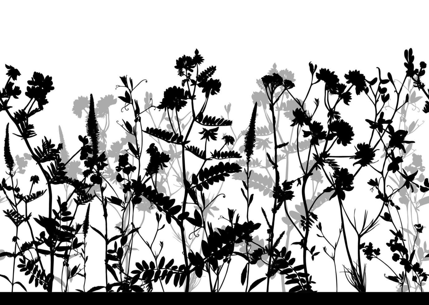 nahtloses horizontales Blumenmuster lokalisiert auf transparentem Hintergrund. Schwarz-Weiß-Hintergrund mit Blumensilhouetten. gestaltungselement für stoff, textilien, tapeten usw. vektorillustration. vektor