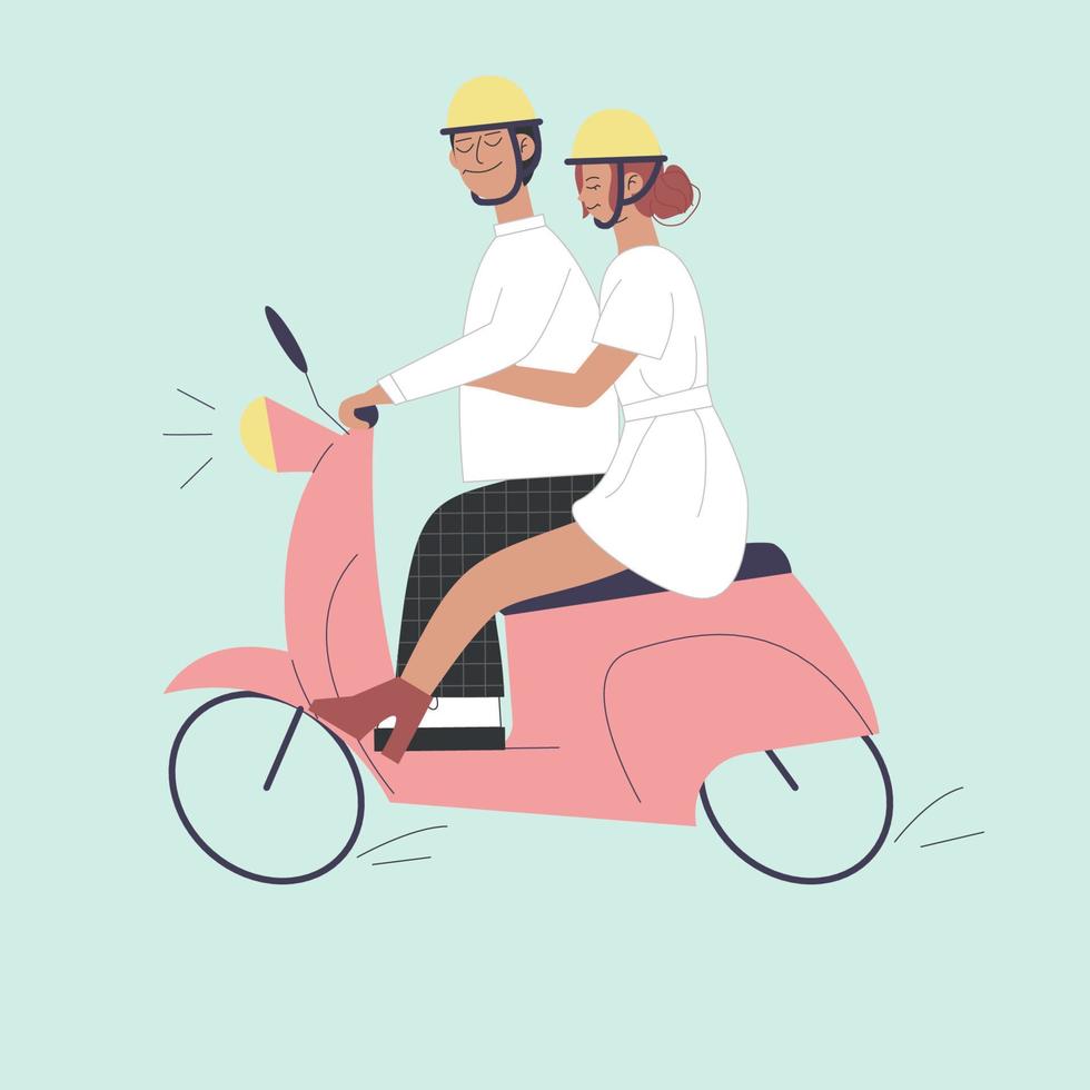 Hochzeitspaar auf einem Moped. das Konzept der Liebe. die Jungvermählten heiraten. vektor