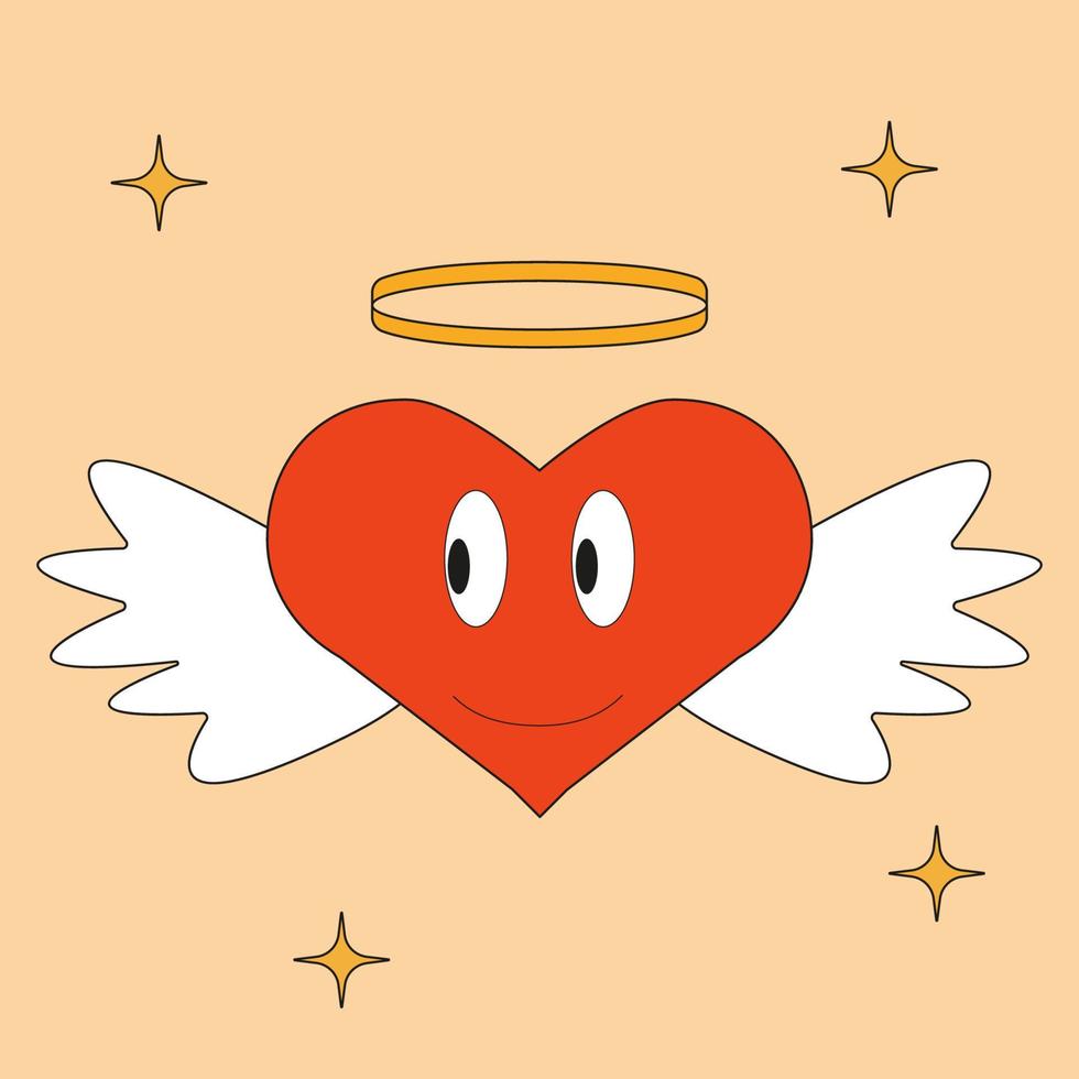 rött smileyhjärta med vingar, stjärnor och gul ring på toppen. romantiskt retrokort. vintage valentine affisch med rolig seriefigur vektor