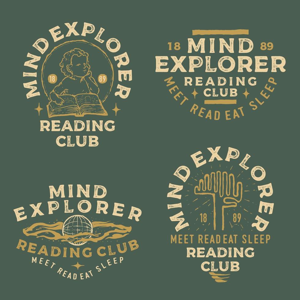 Mind Explorer Reading Club Retro Vintage handgezeichnete Logo-Vorlage vektor
