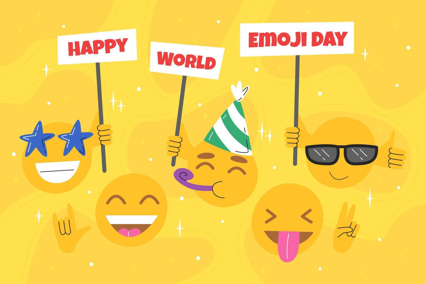 süßes Emoji mit verschiedenen Gesichtsausdrücken auf gelbem Hintergrund. Happy World Emoji Day, 17. Juli. feierkonzept mit lustigen emoticons, die banner halten. vektor hand gezeichnete flache illustration