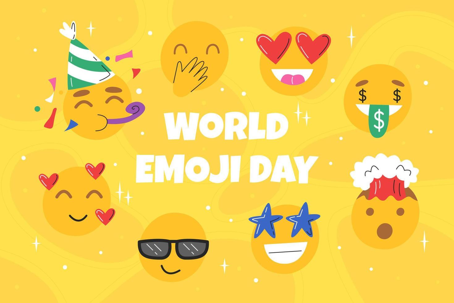 süßes Emoji mit verschiedenen Gesichtsausdrücken auf gelbem Hintergrund. Happy World Emoji Day, 17. Juli. feierkonzept mit lustigen emoticons. Kommunikationssymbole. vektor hand gezeichnete flache illustration