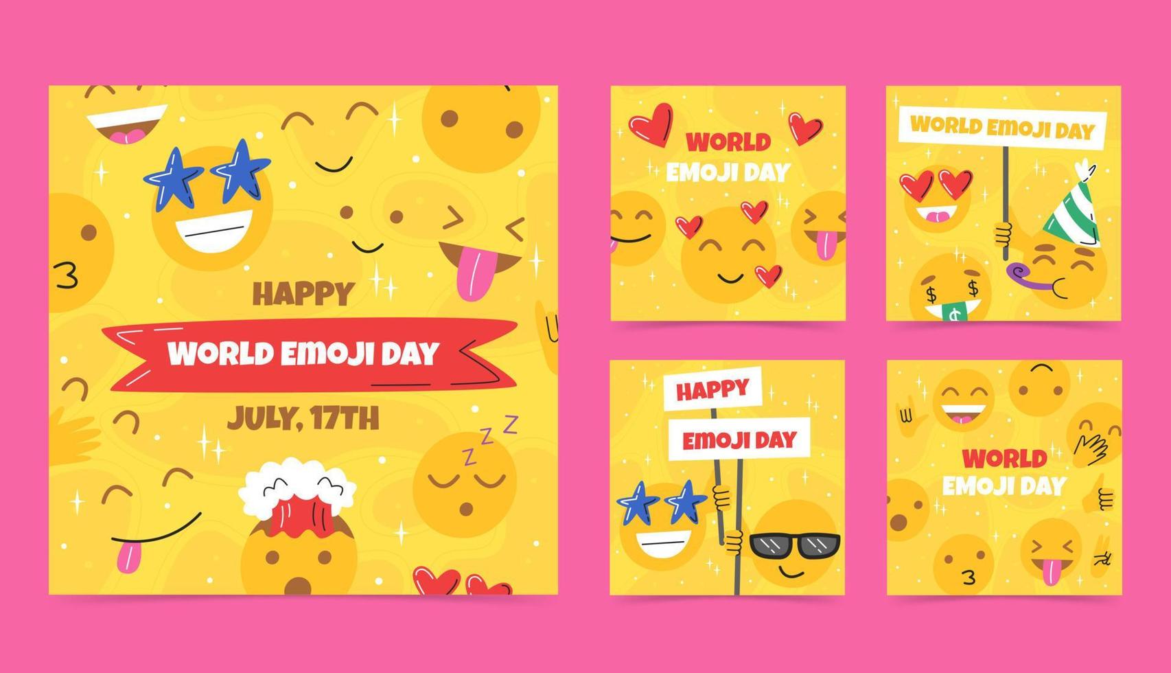 glücklicher welt-emoji-tag, social-media-vorlagen. süßes Emoji mit verschiedenen Gesichtsausdrücken auf gelbem Hintergrund. feierkonzept mit lustigen emoticons. vektor hand gezeichnete flache illustration
