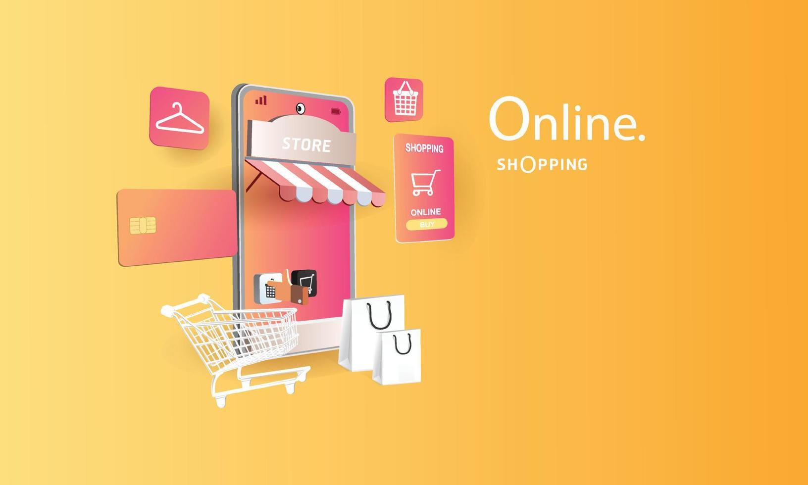 Online-Shopping am Telefon kaufen, verkaufen, Geschäft, digitales Web-Banner, Anwendung, Geld, Werbung, Zahlung, E-Commerce, Vektorsuche vektor