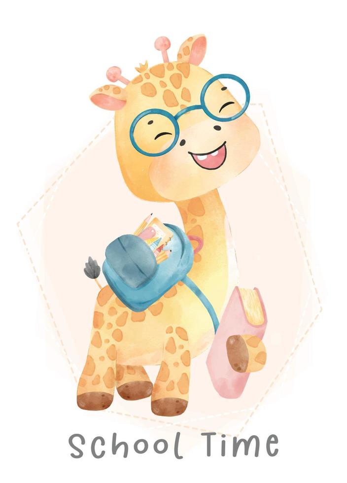 süße aquarell glückliche nerdy kindergiraffe mit schulrucksack und buch, zurück zu schulkarikatur kindheit tierwelt aquarellvektor vektor