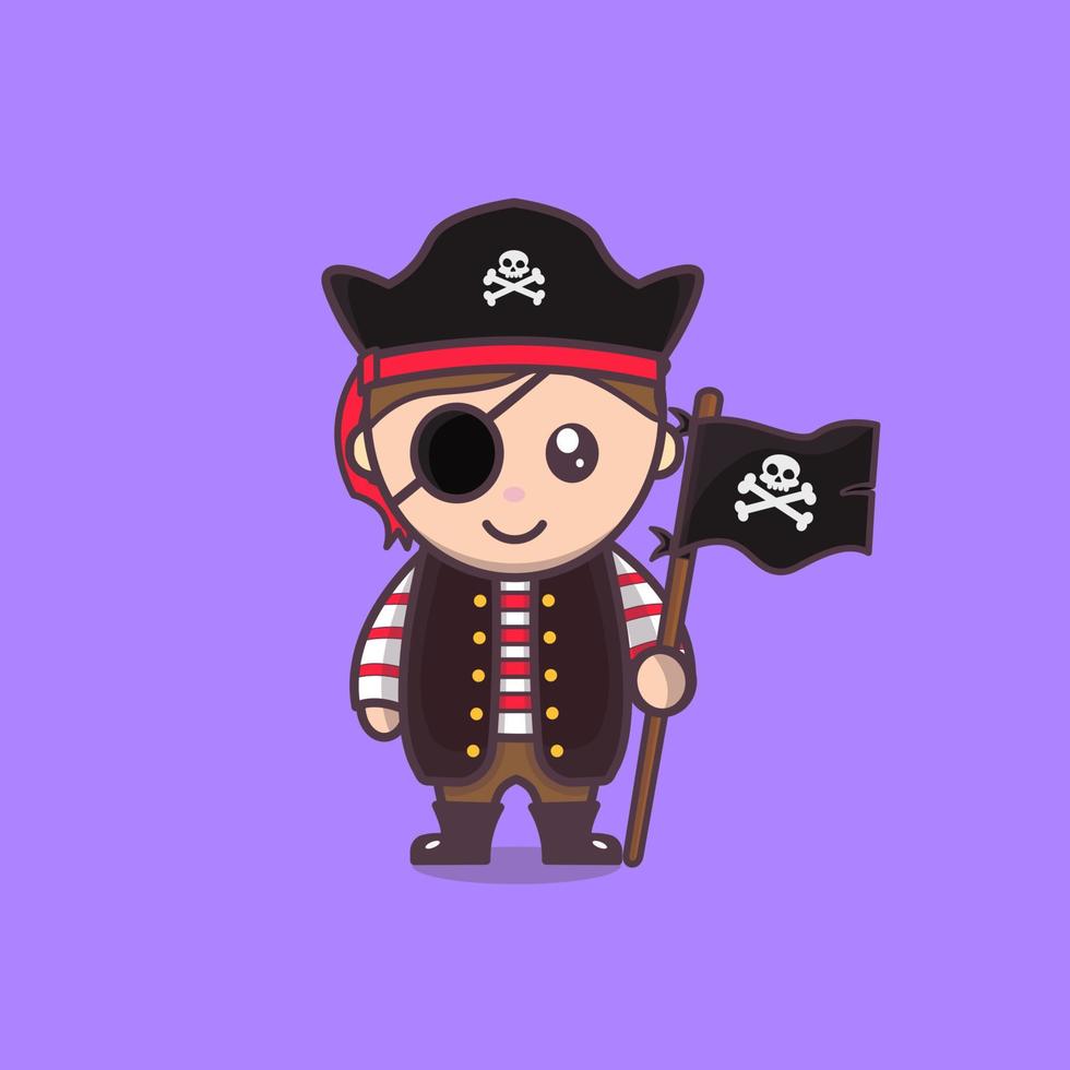 niedliche piratencharakterkarikaturvektorikone und personenillustrationskonzept. Flagge halten. vektor