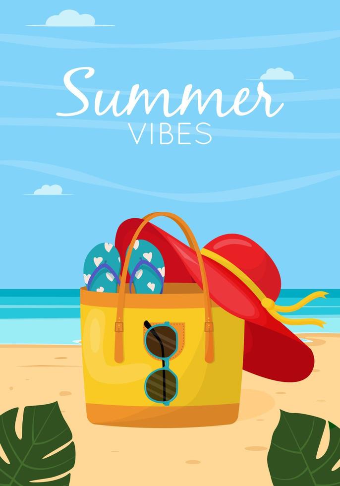 bunte Damen Sommertasche mit Strandaccessoires. Sommer-Design-Elemente. flache vektorillustration für poster, banner, flyer. vektor