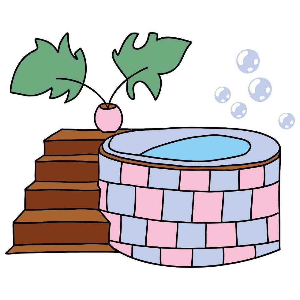 vektor illustration. modern jacuzzi med kaklat kakel och prickiga blommor.