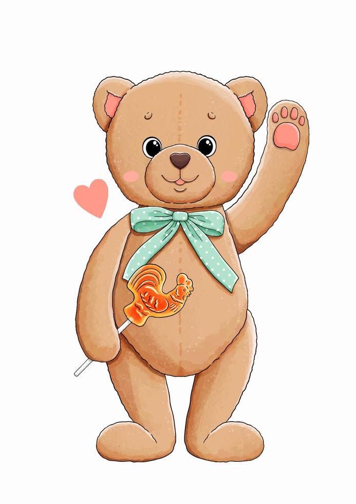 söt liten björn med klubba och hjärta vektor