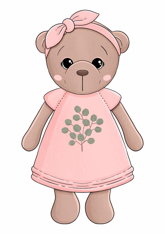 Teddybär im rosafarbenen Kleid mit Blumenvektorillustration vektor