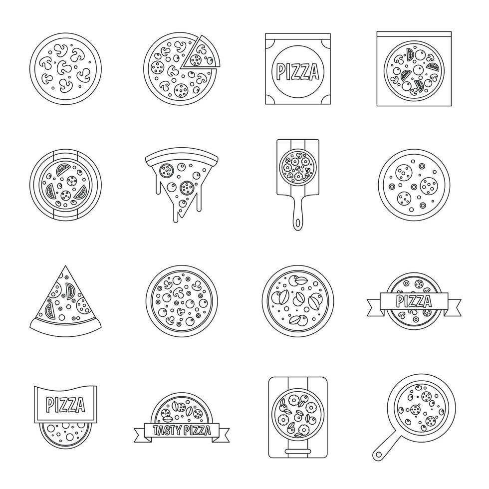 pizza-symbole setzen essen, umrissstil vektor