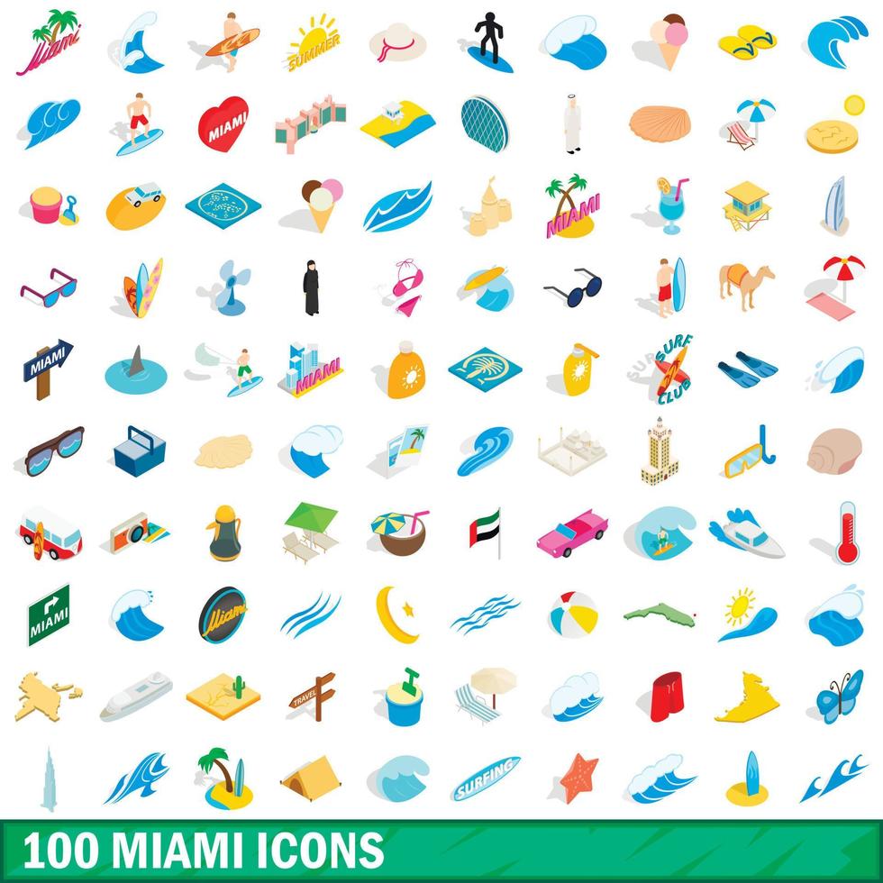 100 Miami-Icons gesetzt, isometrischer 3D-Stil vektor